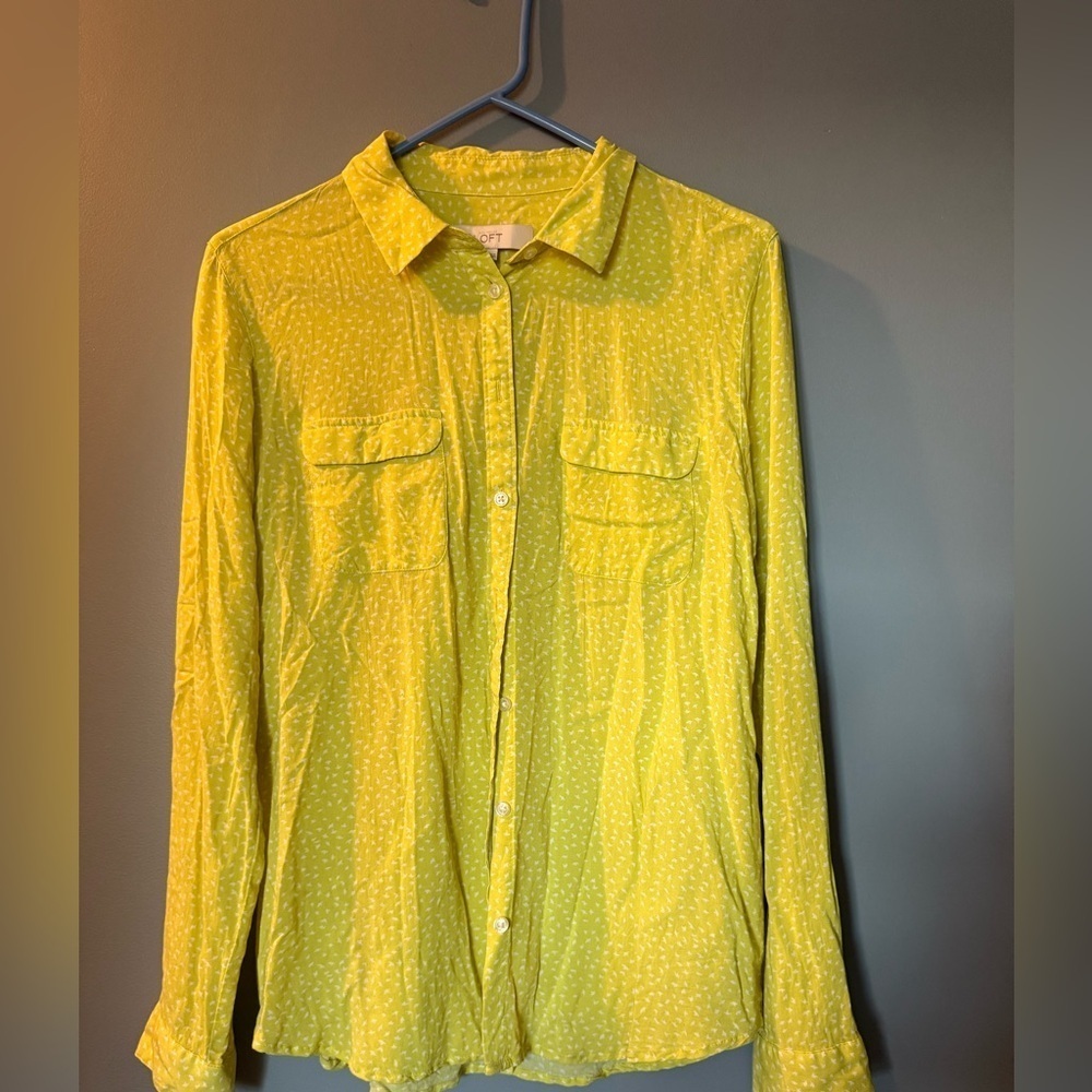 Loft Yellow Button‎ Down Long Sleeve Bird Pattern Womens Sz M Blouse
